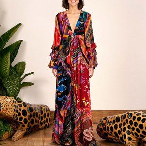 Farm Rio DIAGONAL SCARVES BUTTON DOWN MAXI DRESS